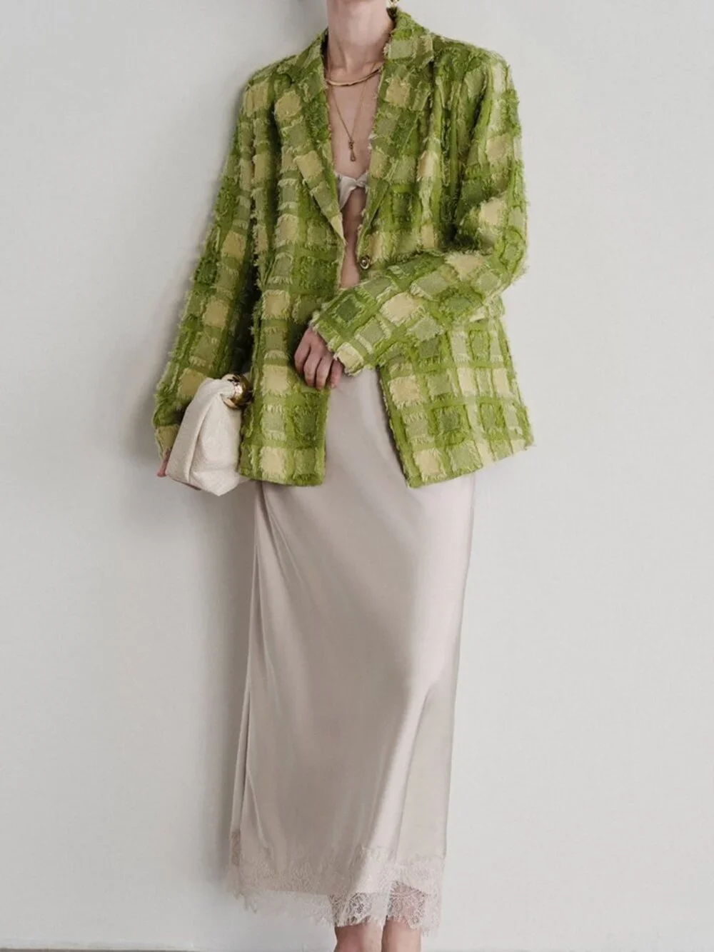Green Elegant Women's Textured Peak Lapel Slim Tweed Blazer